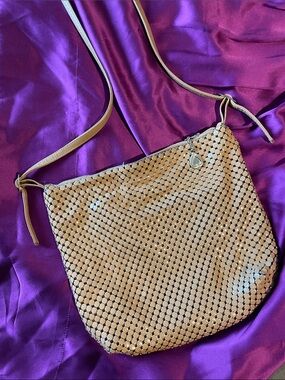 Vintage Whiting & Davis Tan Enamel Metal Mesh Handbag Crossbody Bag